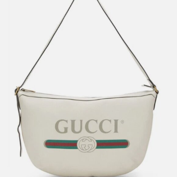 Gucci New W/Tag Authentic Crossbody Bag Ivory Leather Logo Print Half Moon Hobo - Picture 1 of 5